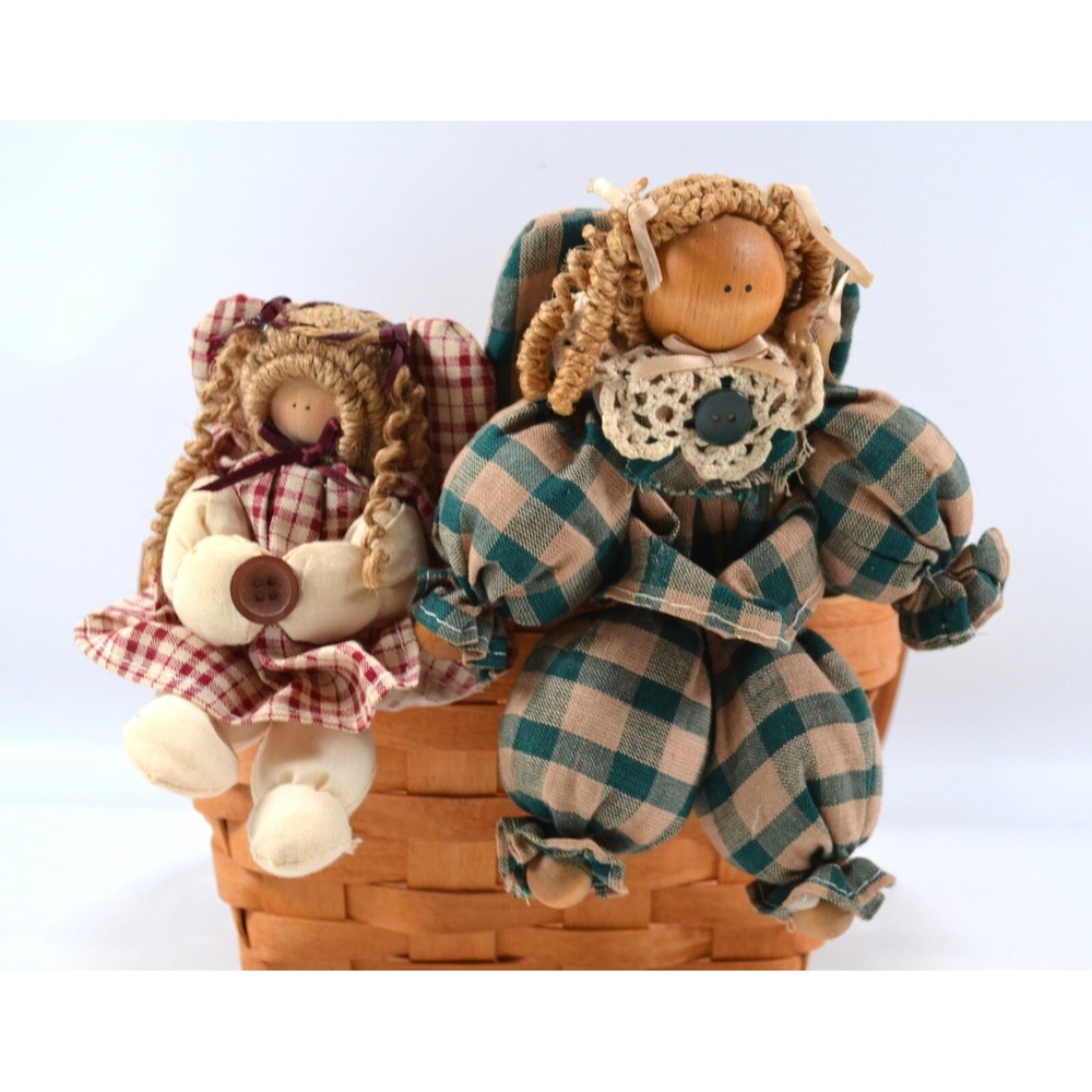 Lot of 2 Folk Art Country‎ Farm Handmade Wood Basket Sitters Girl Doll Figures